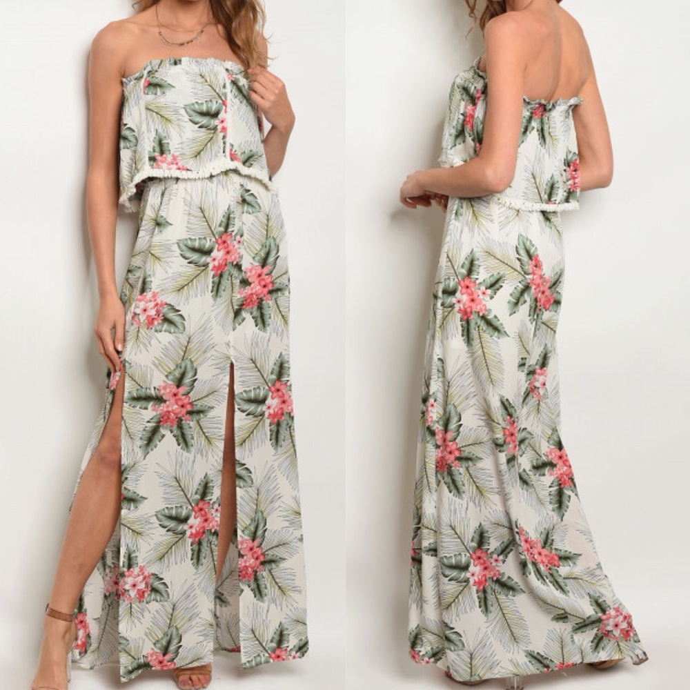 White Tropical Floral Print Strapless Maxi Dress - Picture 3 of 3